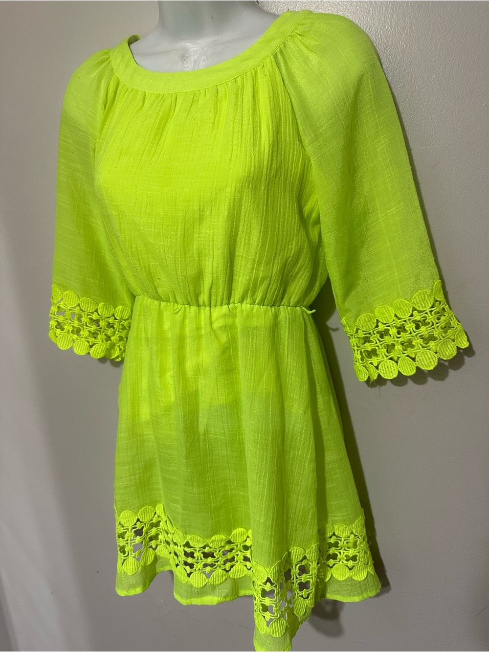 GB Girls Neon Yellow Lace‑Trim Dress Size M Bright Eyelet Style